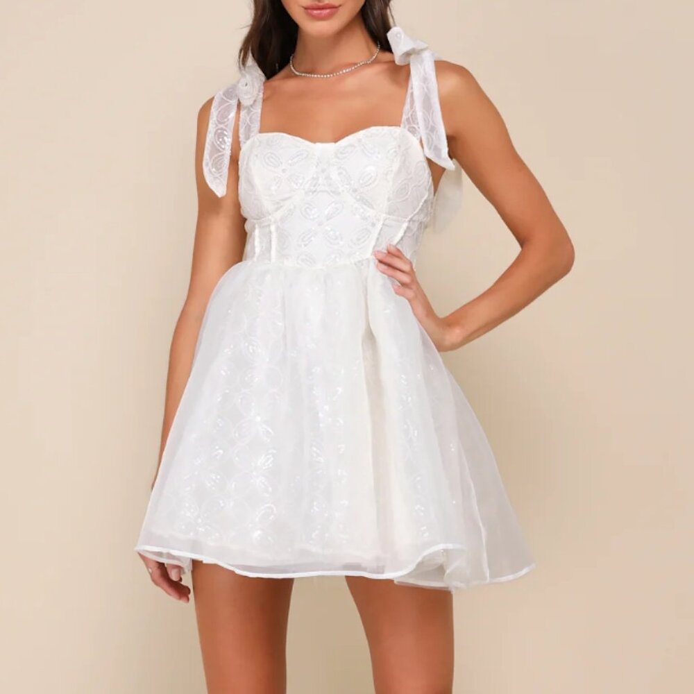 Iconic Bliss Cream Sequin Textured Bustier Tie-Strap Mini Dress - Size M
